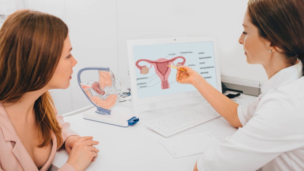 Doctora y paciente en consulta médica con una imagen del aparato reproductor femenino.