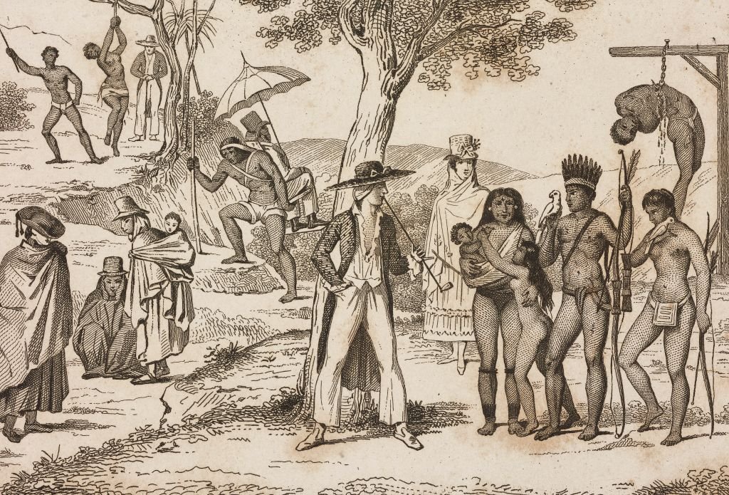 Indígenas y africanos esclavizados sometidos a castigos corporales, Colombia (grabado de Ferdinand Denis, Colombie et Guyanes, L'Univers Pittoresque, 1837).
