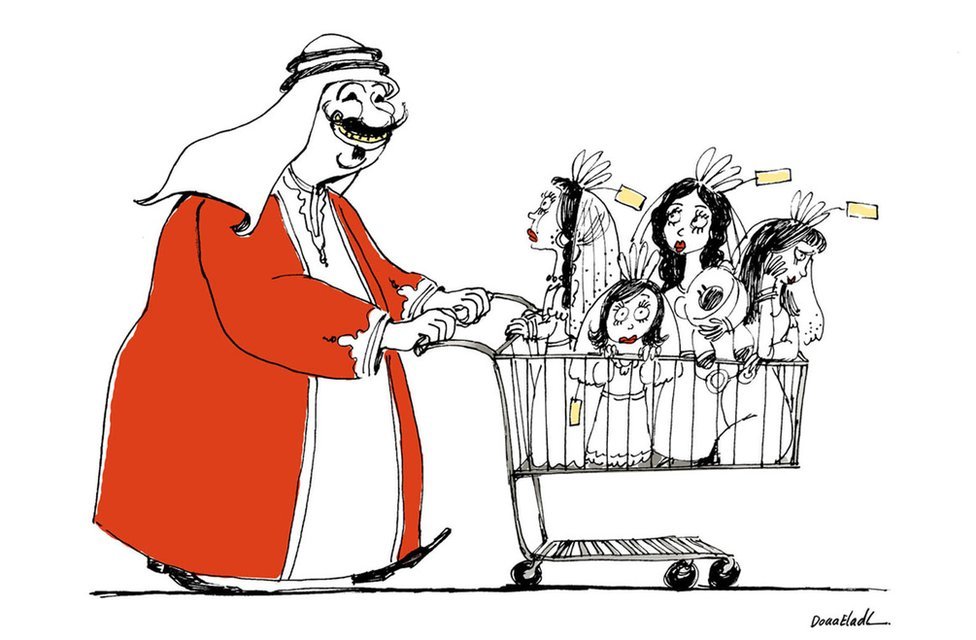 Карикатура Доаа Эль Адла - араб, толкающий тележку для покупок, полную женщин