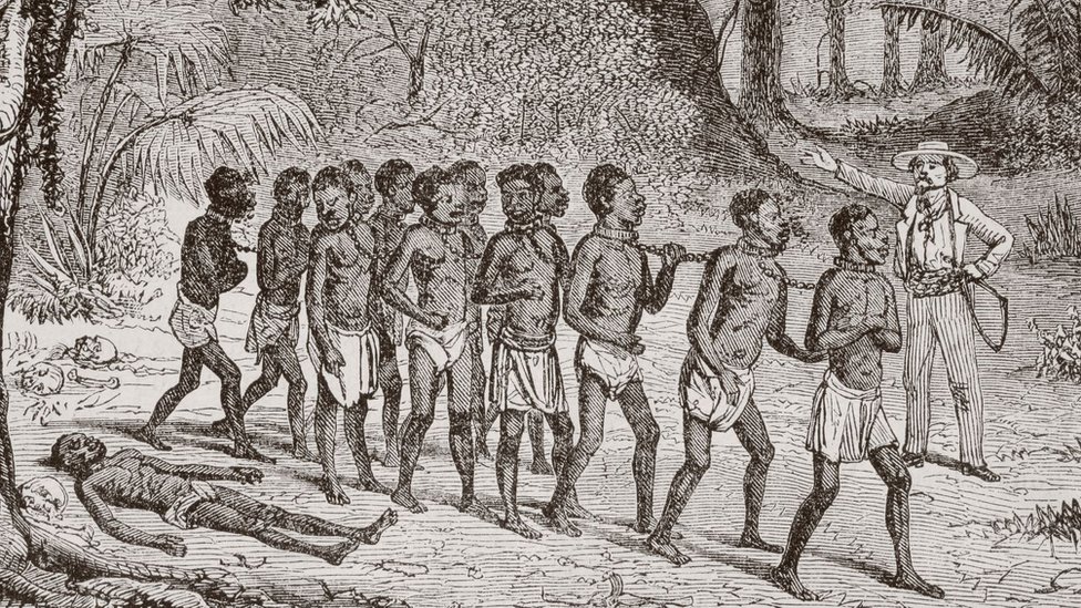 Ilustración de un grupo de esclavos en 1868.