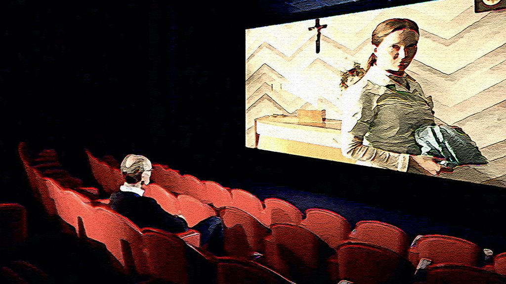 رسم توضيحي يظهر ويل غومبيرتز وهو يشاهد فيلم "القديسة مود"