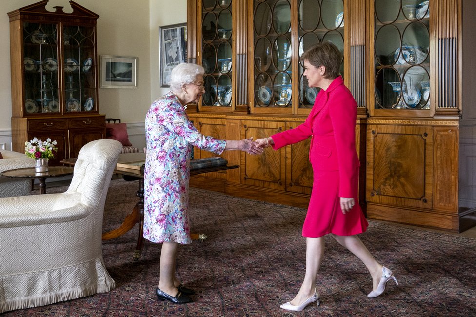 Queen Elizabeth II receives First Minister of Scotland Nicola Sturgeon during an audience at the Palace of Holyroodhouse in Edinburgh, as part of her traditional trip to Scotland for Holyrood Week, on 29 June 2022