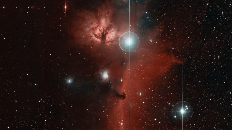 Aquí se ven en mejor detalle la nebulosa Cabeza de Caballo y la de la Flama, ambas en la constelación de Orión. Foto: Caltech Optical Observatories