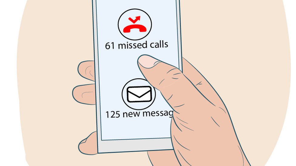 Illustration of a hand holding a phone with missed calls and messages.