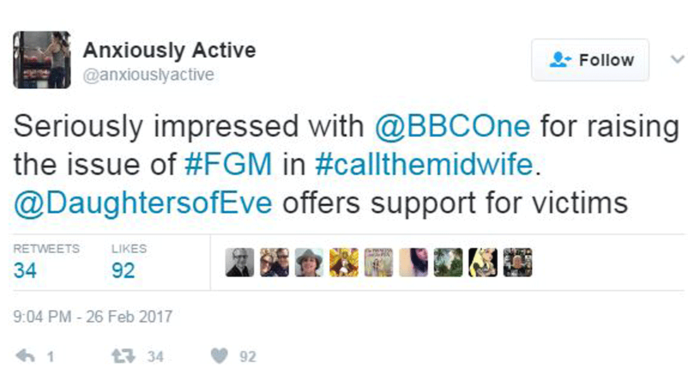 Серьезно впечатлен @BBCOne за то, что он поднял проблему #FGM в #callthemidwife. @DaughtersofEve предлагает поддержку жертвам