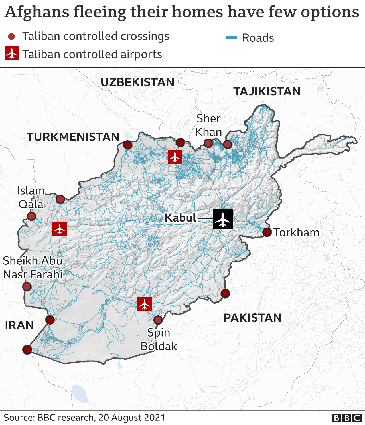 Peta yang menunjukkan penyeberangan perbatasan utama dan bandara di Afghanistan