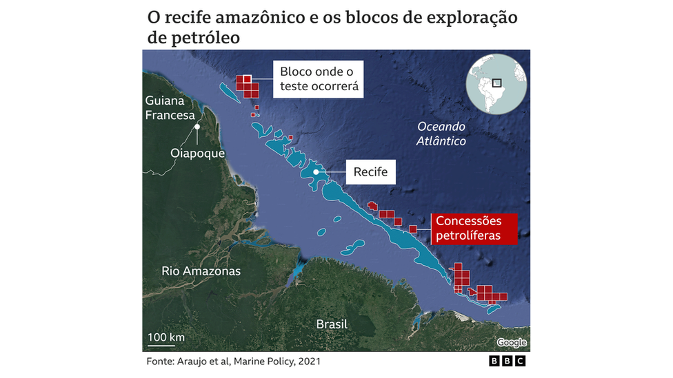 Mapa mostrando recife e blocos de concessão de petróleo