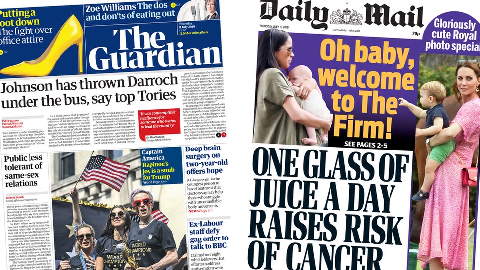 Первые страницы The Guardian и Daily Mail