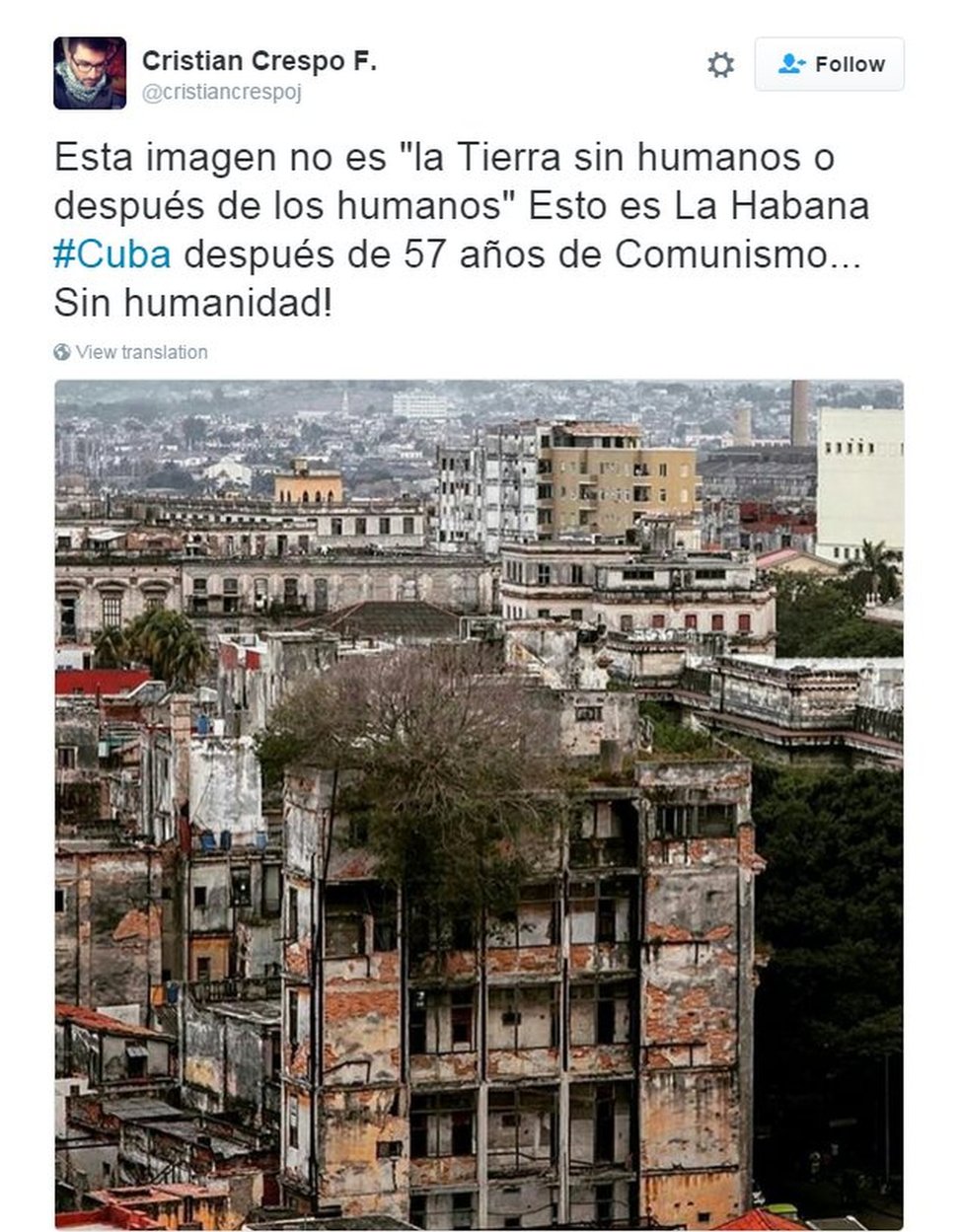 Твиттер самопровозглашенного кубинского диссидента показывает разрушающиеся здания Гаваны