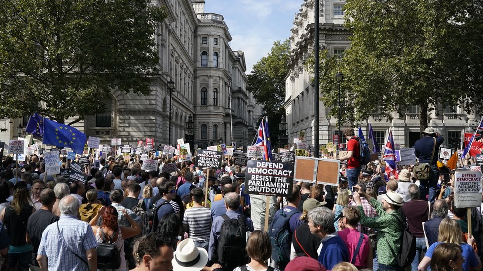 Demonstrators protest the suspension of Parliament in Whitehall, central London