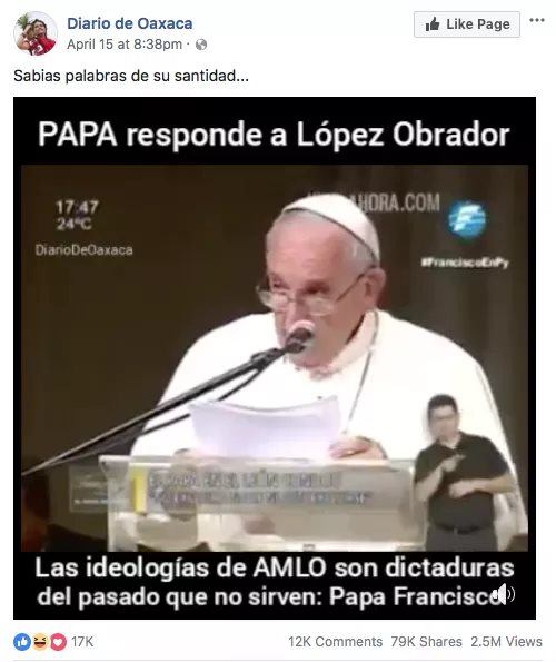 Una imagen de un post de Facebook con información falsa sobre el papa Francisco