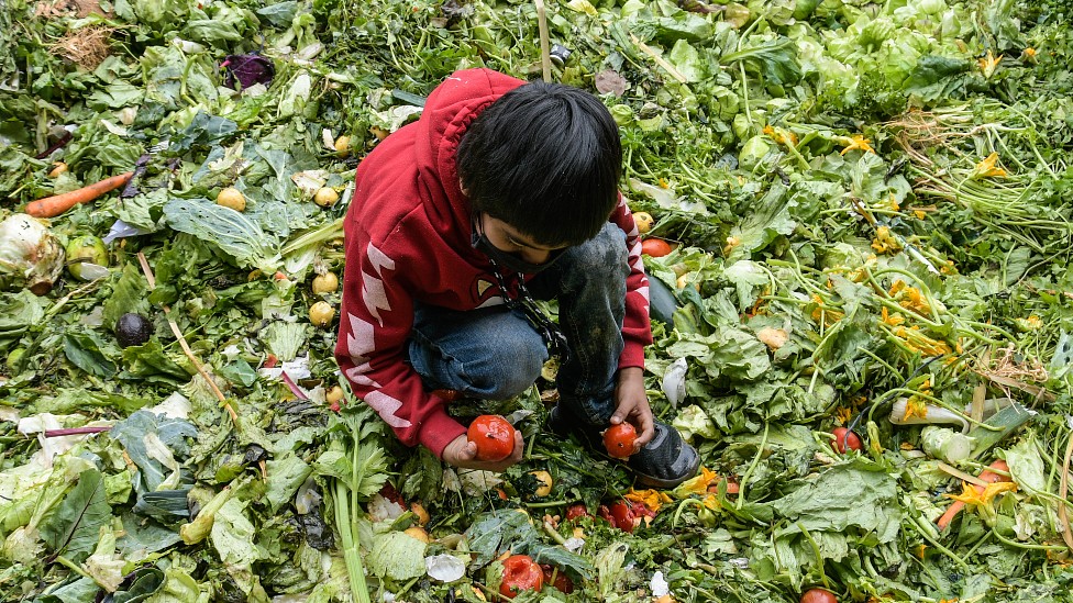 Niño buscando verduras comestibles entre los desechos de un mercado