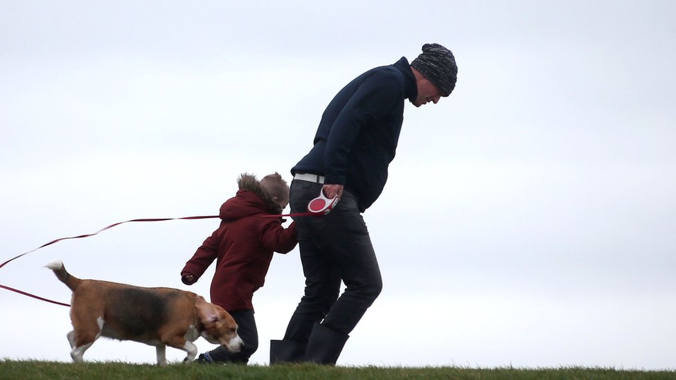 Мужчина идет с ребенком и собакой по дамбе против сильного ветра