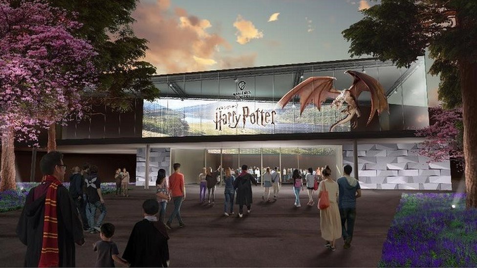 Впечатление художников от нового туристического объекта на тему Гарри Поттера, который будет построен в Японии в 2023 году.