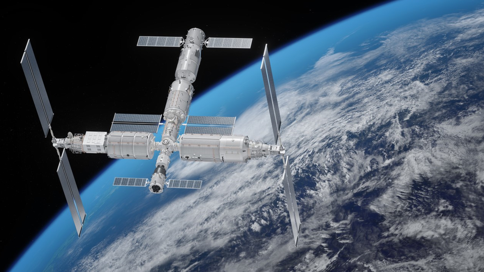 Artist's impression of the Tiangong space station in orbit.