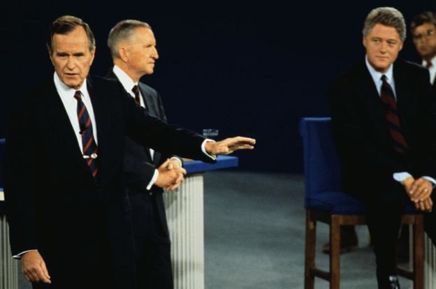 Bush speaks in a debate with Perot and Clinton