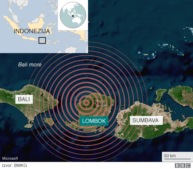 Mapa pokazuje razorni udar zemljotresa koji je pogodio Lombok u nedelju.