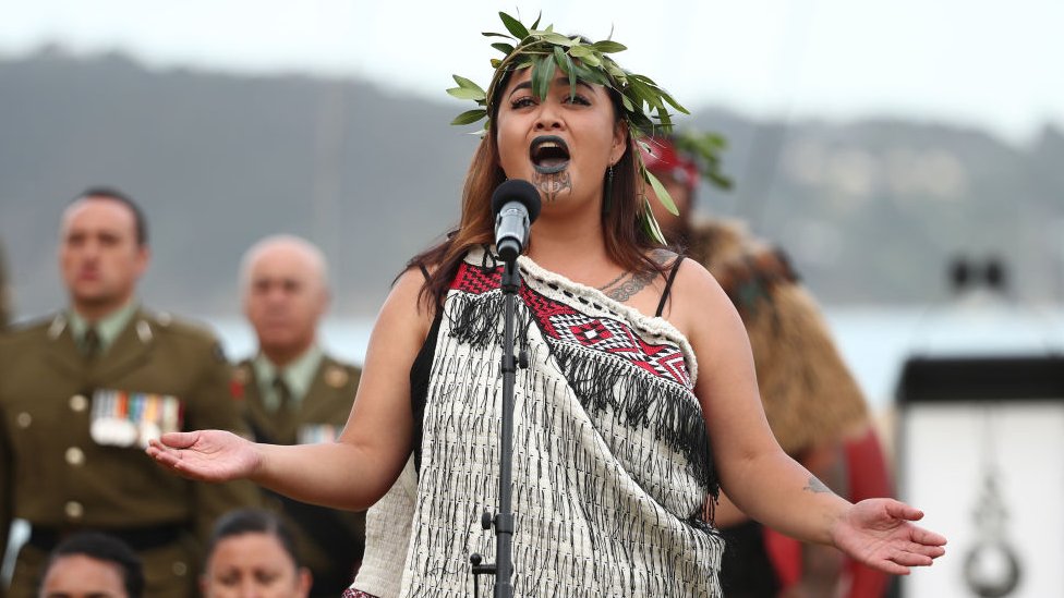 Local iwi perform a haka during an evening to commemorate Maori service in the NZ armed forces on February 05, 2020