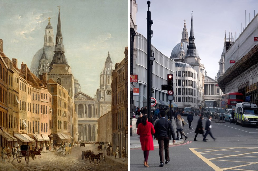 1780 yılında ve günümüzde Ludgate Tepesi ve St Paul Katedrali