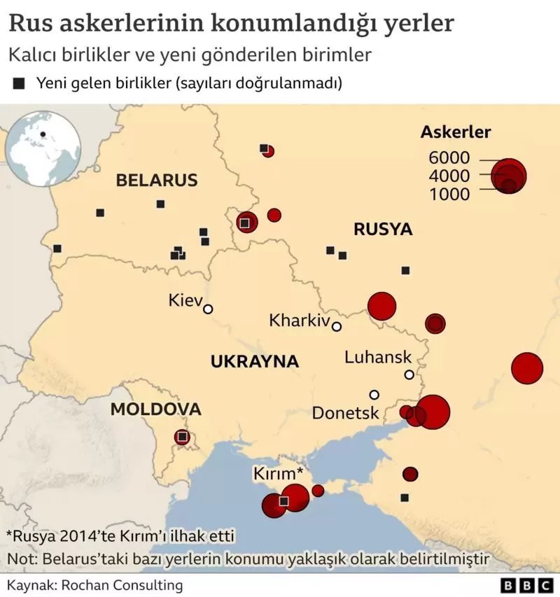 Rus askerlerinin Ukrayna sınırında konumlandığı yerleri gösteren harita