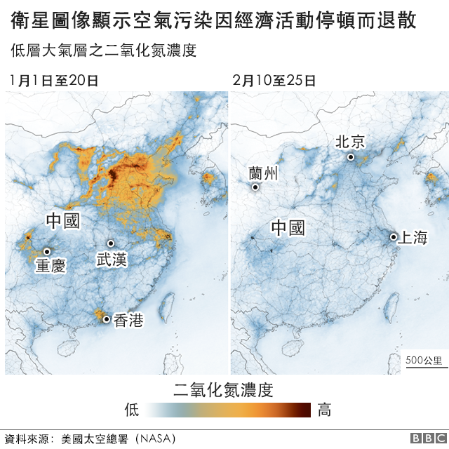 圖表：衛星圖像顯示空氣污染因經濟活動停頓而退散