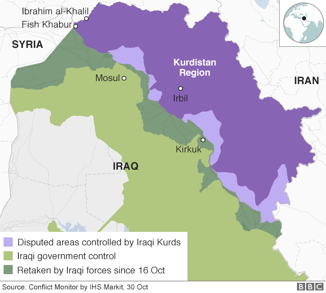 Карта, показывающая контроль над северным Ираком и Курдистаном, а также расположение пунктов пересечения границы Фиш-Хабур и Ибрагим аль-Халил (30 октября 2017 г.)