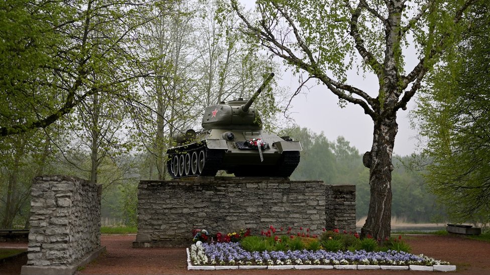 T-34 Tank memorial from WW2 showing where the Red Army crossed into Estonia in 1944; 27 May 2022