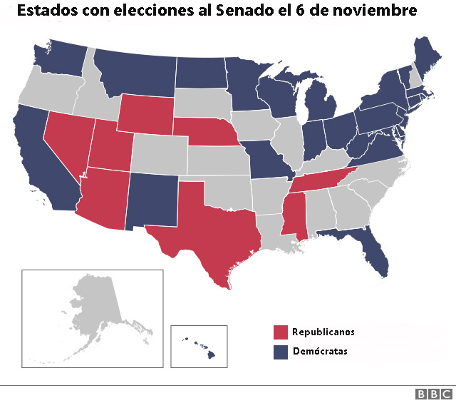 Mapa de Estados Unidos en el que se muestra qué estados tienen elecciones al Senado este 6 de noviembre