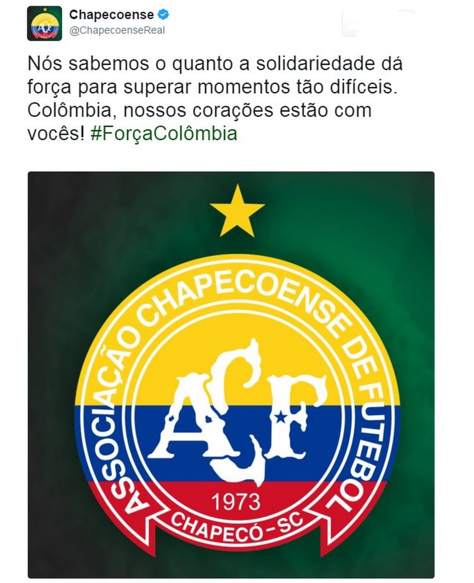 В твите Chapecoense говорится: «Мы знаем, сколько солидарности дает нам силы, чтобы преодолевать такие тяжелые моменты. Колумбия, наши сердца с тобой