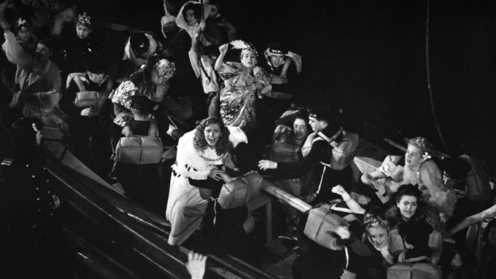 A scene of panic in the 1943 movie Titanic