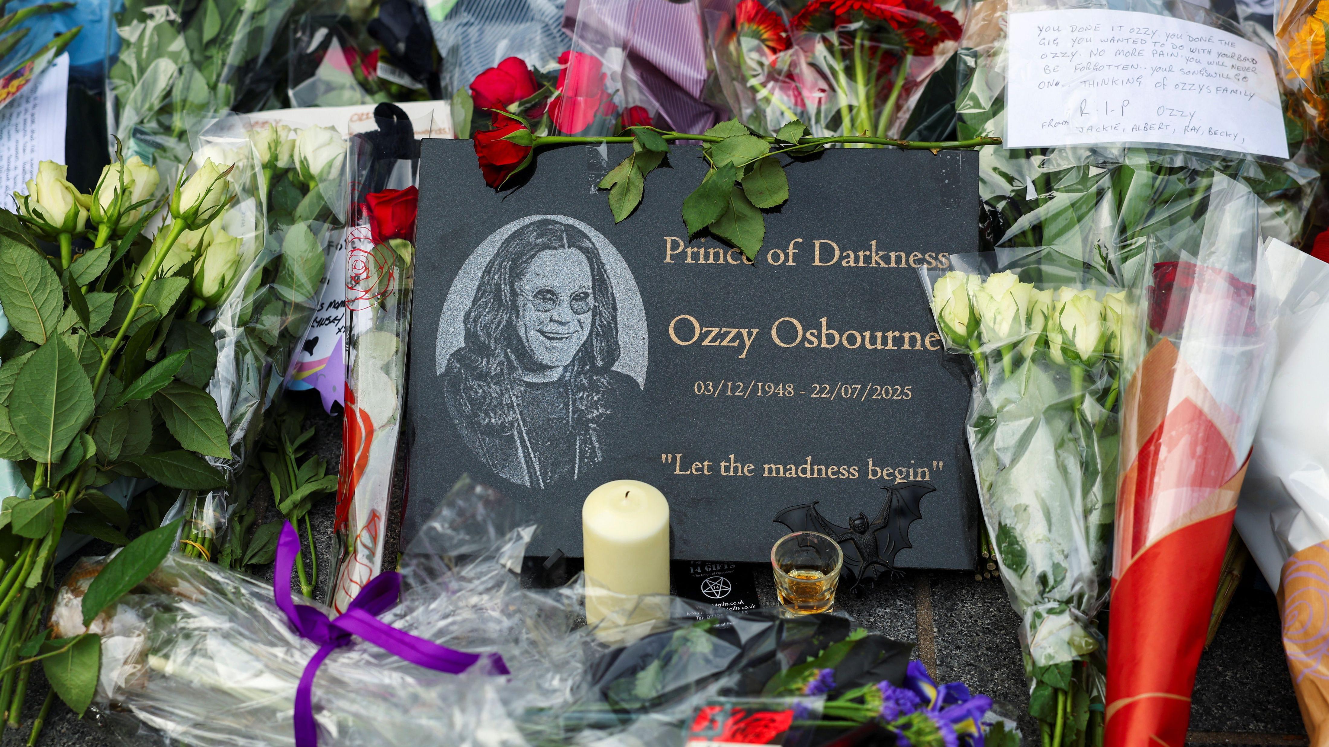 A heartfelt tribute to Ozzy Osbourne, the 'Prince of Darkness,' surrounded by flowers and personal messages.