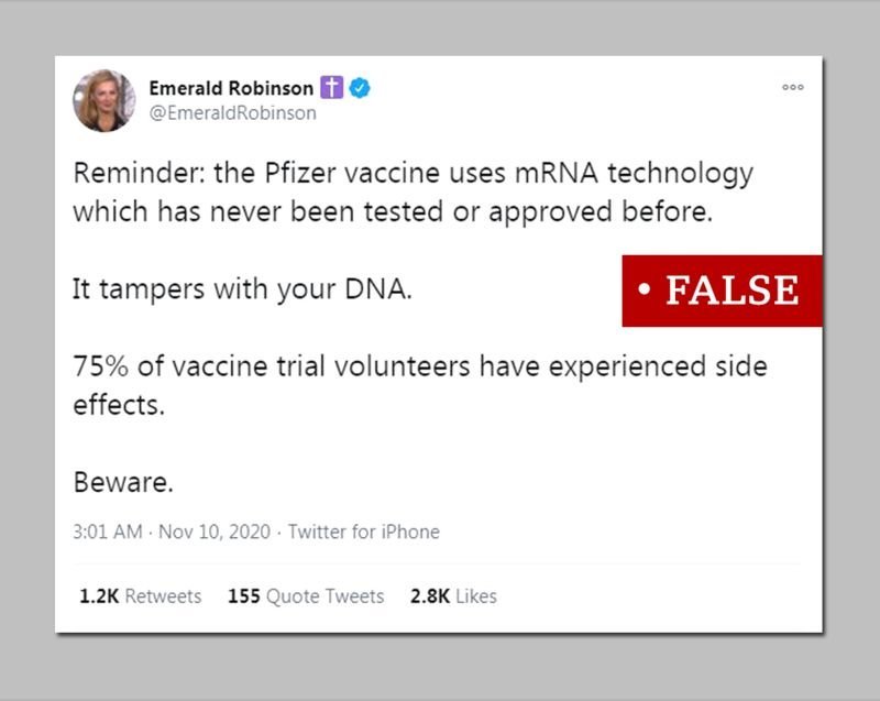 A misleading post claiming that the Pfizer vaccine alters human DNA and that 75% of the volunteers in the experiment had side effects