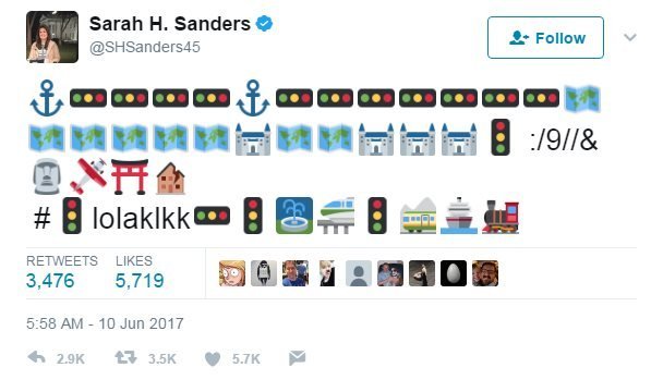 Сара Х. Сандерс написала в Твиттере серию смайликов, включая светофор, карту и несколько видов поездов