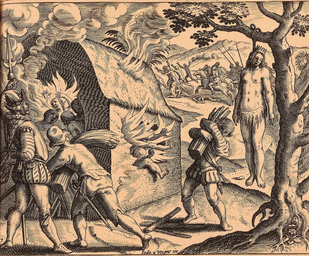 La masacre de la reina Anacaona y sus súbditos. Grabado de "Brevísima relación de la destrucción de las Indias", Bartolomé de las Casas.