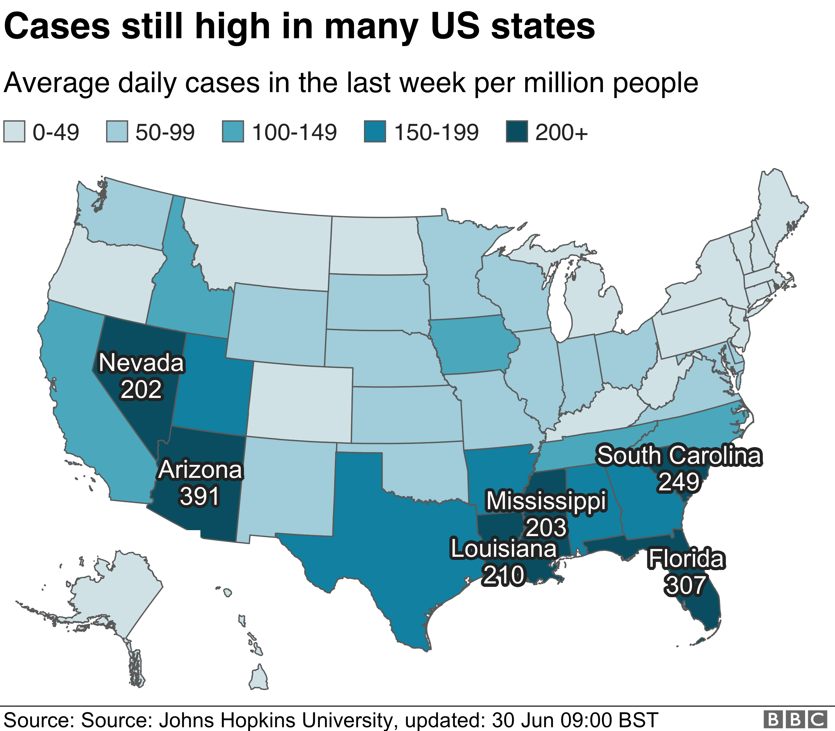 Карта США, показывающая места с увеличением числа заболевших
