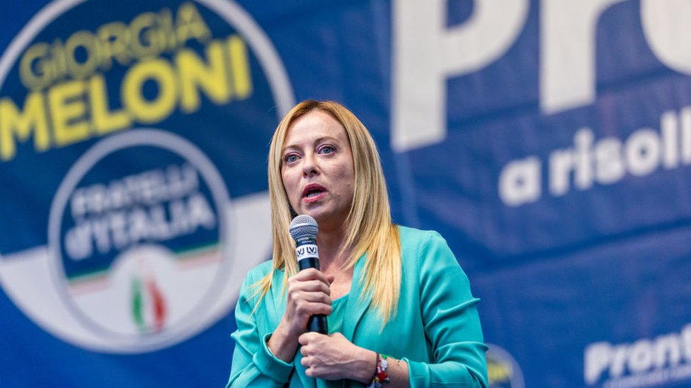 Giorgia Meloni of Fratelli d'Italia political party, member of right-wing coalition speaks to supporters in turin, Italy.