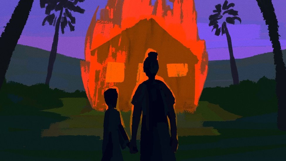 Una ilustración en la que una mujer y un niño ven su casa en llamas.