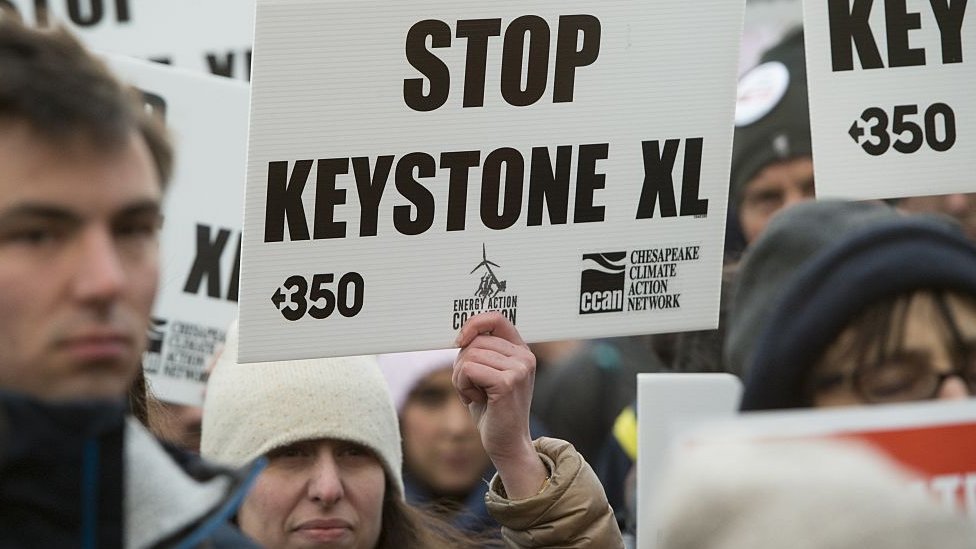 Opositores del oleoducto Keystone XL en una manifestación en 2017.