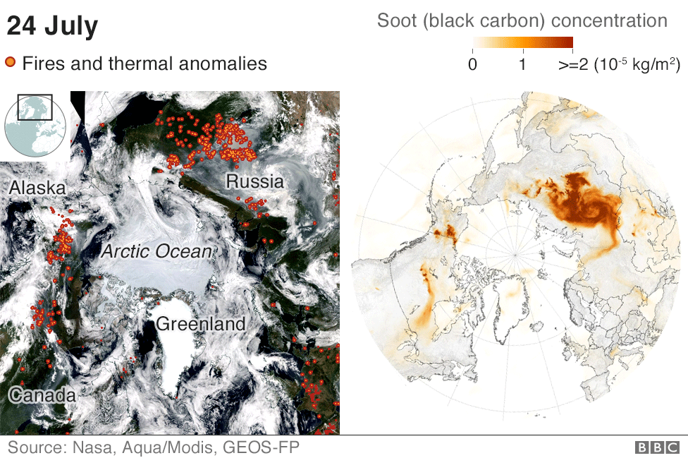 Карты, показывающие сажу от пожаров, путешествующую по Арктике