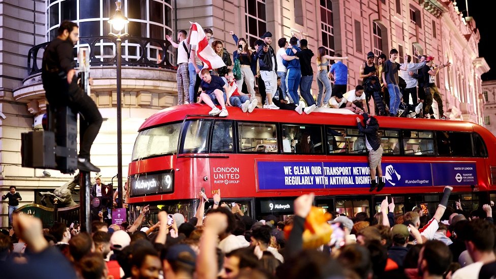 Fans gather for England v Denmark - Piccadilly Circus