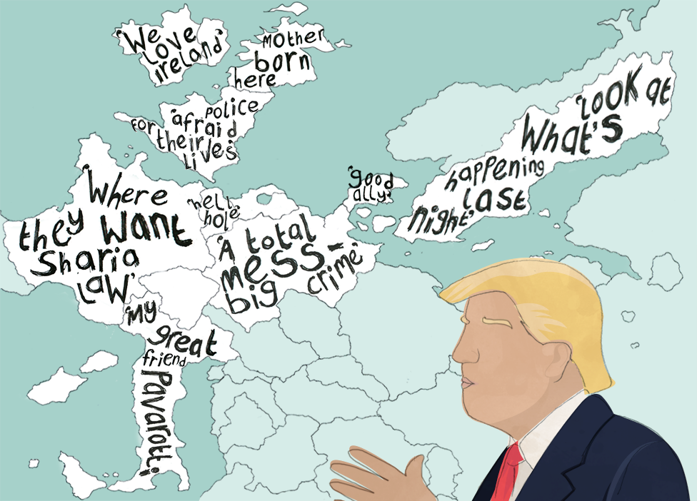 Desenho de Trump sobre um mapa da Europa