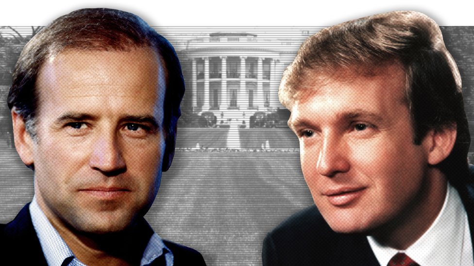 Composite image of Joe Biden and Donald Trump with the White House behind them