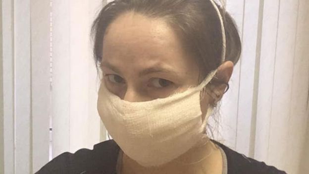 Irina with a makeshift face mask