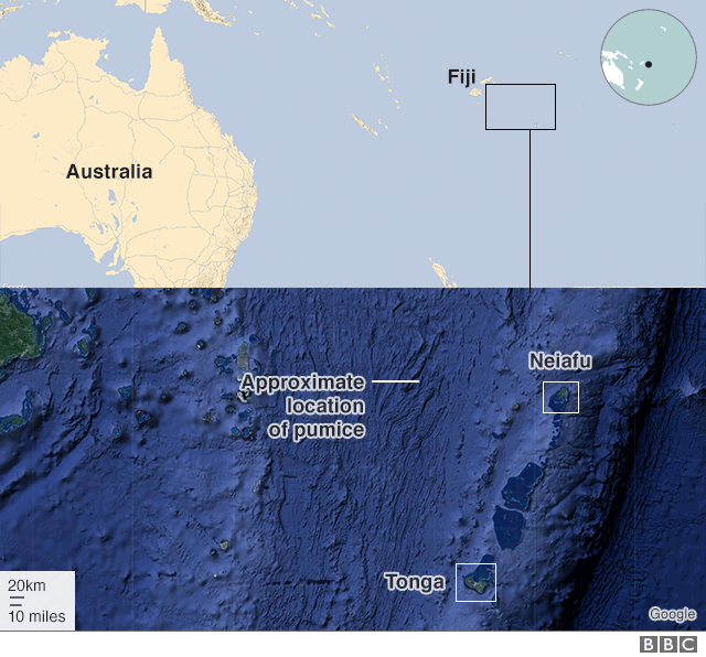 Карта, показывающая пемзовый «плот», плывущий по Тихому океану