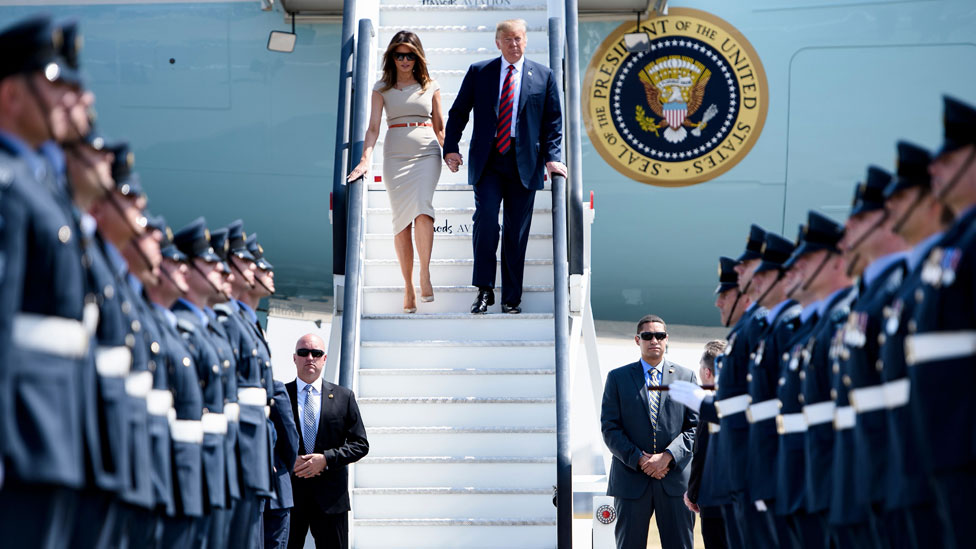 Donald and Melania Trump arrive in the UK in 2018