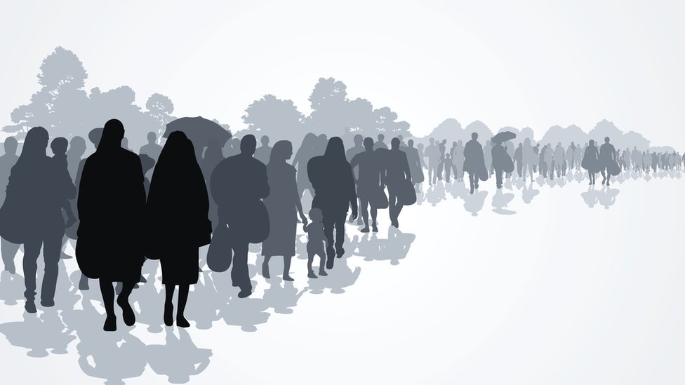 An illustration showing a crowd of people in the form of shadows.