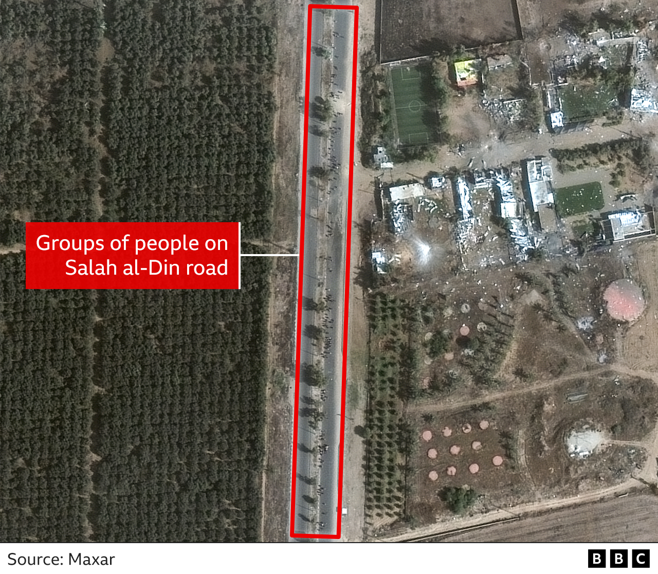 Satellite images showing group of people walking down Salah al-Din Road
