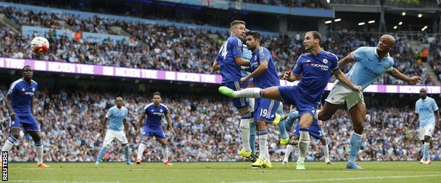 Vincent Kompany scores against Chelsea