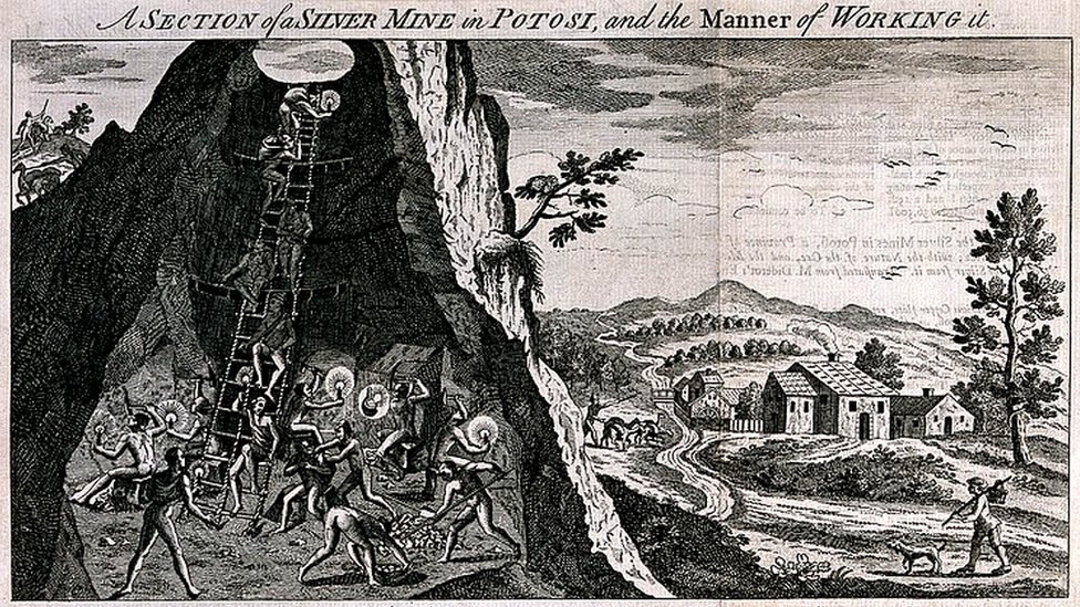 La plata y el oro del Nuevo Mundo hacía soñar a los europeos. Aquí un grabado de "una sección de una mina de plata en Potosí, y la manera de trabajarla". (Wellcome Images) grabado de "una sección de una mina de plata en Potosí, y la manera de trabajarla". (Wellcome Images)