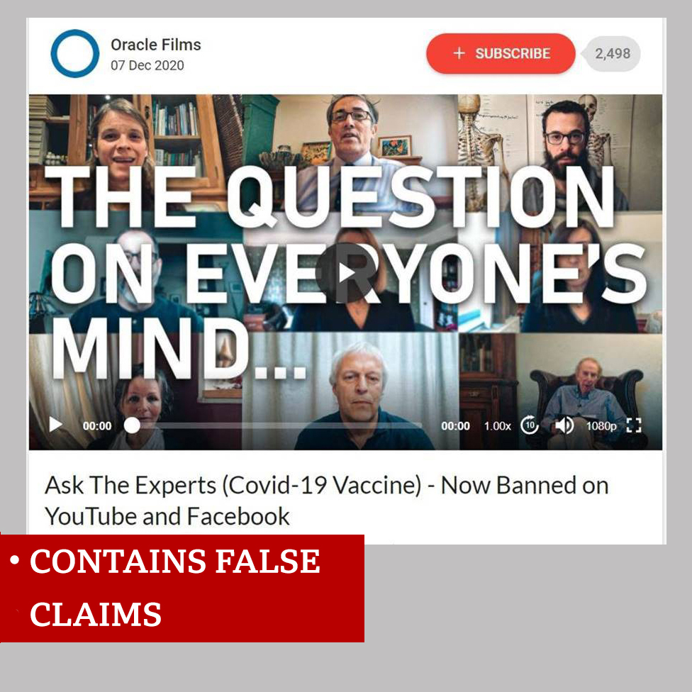 A screenshot of a video labeled "Contains false claims". The image is a collage of different faces looking at the camera and the words "The question on everyone's mind" The video is called "Ask the experts Covid-19 vaccine- now banned on YouTube and Facebook"